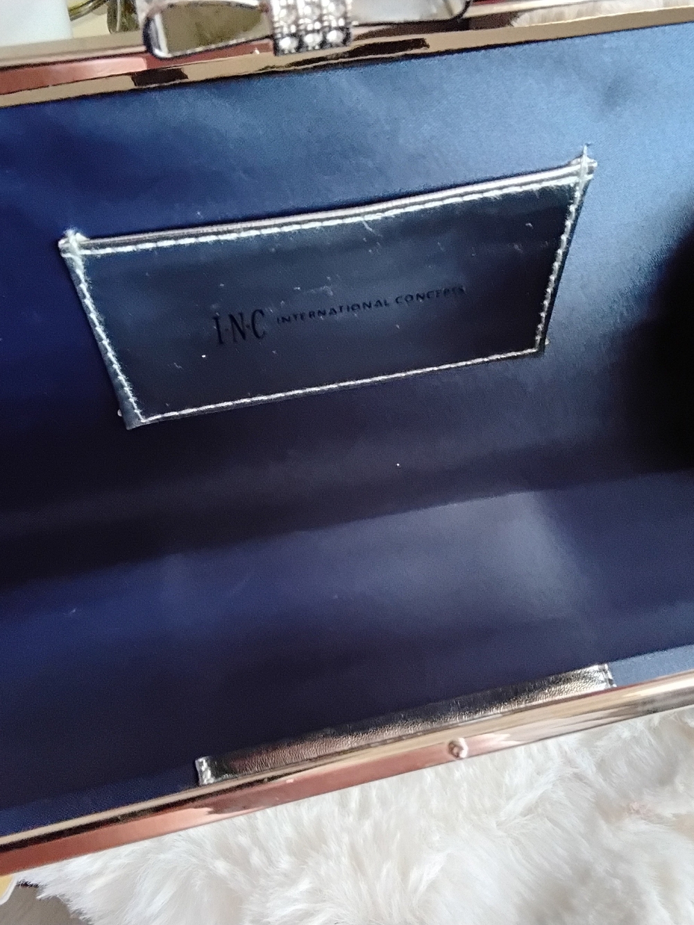 INC International Concepts Blue Glitter Evening Clutch with Rhinestone Bow - Picture 3 of 3